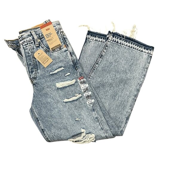 Levi's Ribcage Light Blue Cotton High Rise Ripped Jeans Size: 25 x27 - Picture 3 of 11